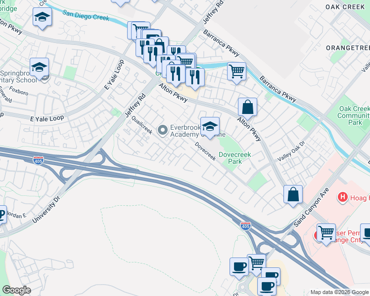 map of restaurants, bars, coffee shops, grocery stores, and more near 34 Poppy in Irvine