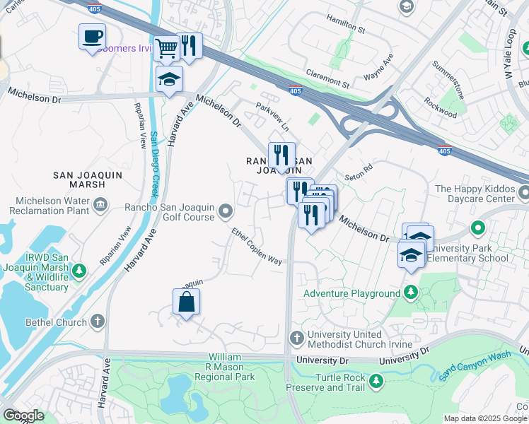 map of restaurants, bars, coffee shops, grocery stores, and more near 30 Navarre in Irvine
