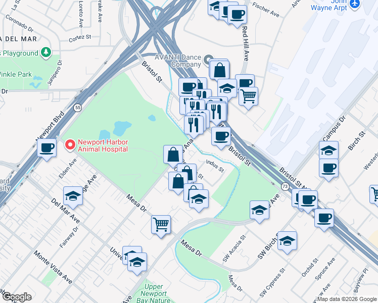 map of restaurants, bars, coffee shops, grocery stores, and more near 8 Cheshire Court in Newport Beach