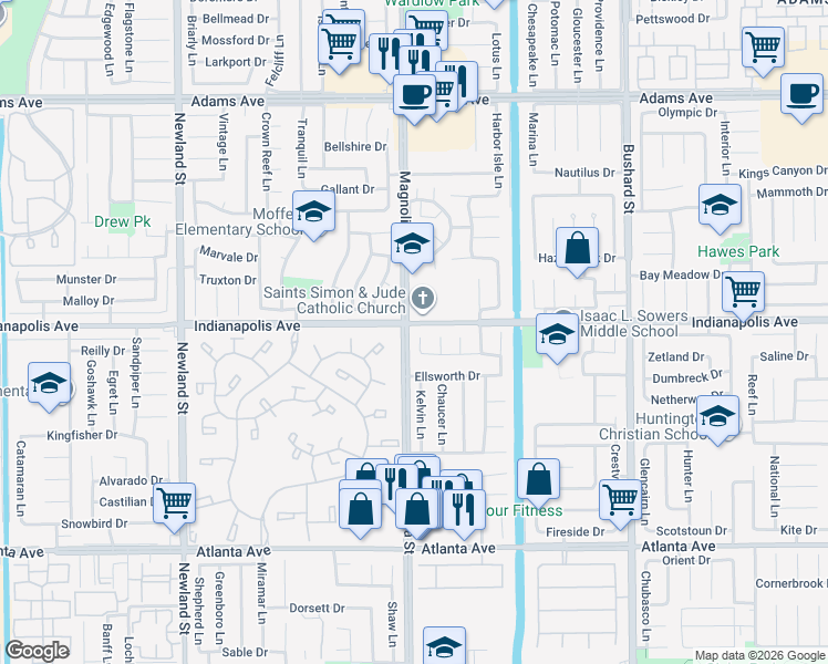 map of restaurants, bars, coffee shops, grocery stores, and more near 20532 Callieburn Circle in Huntington Beach