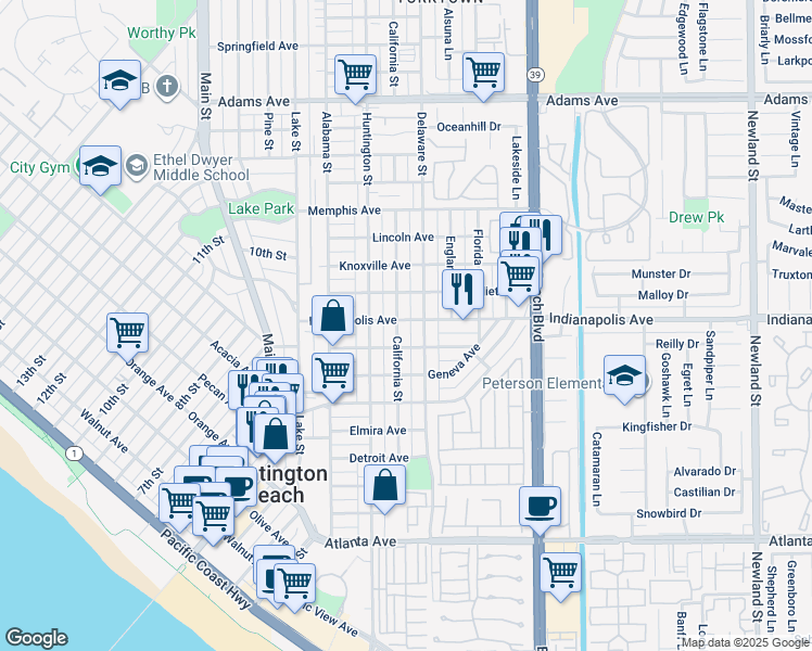 map of restaurants, bars, coffee shops, grocery stores, and more near 807 Delaware Street in Huntington Beach