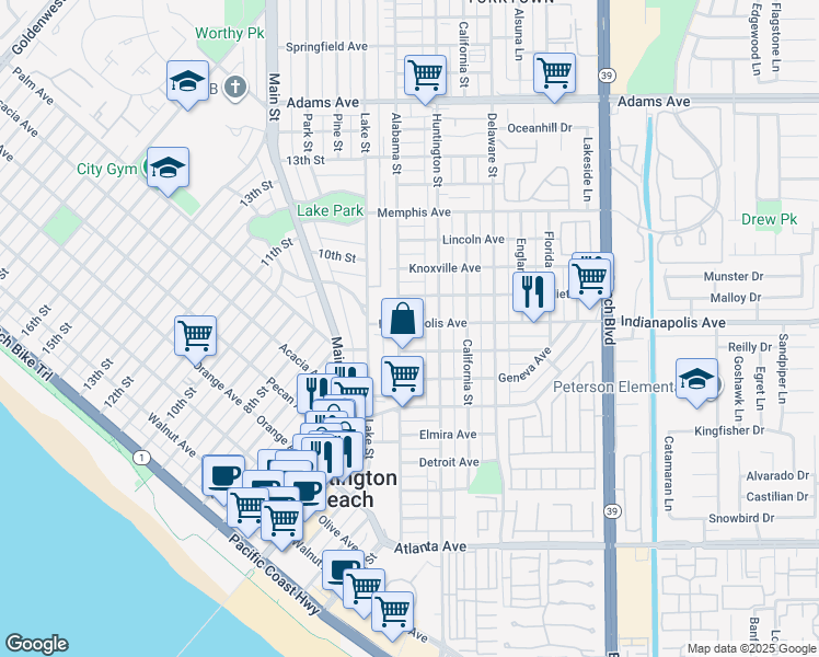 map of restaurants, bars, coffee shops, grocery stores, and more near 218 Indianapolis Avenue in Huntington Beach