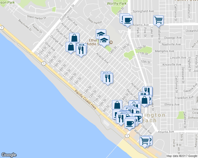 map of restaurants, bars, coffee shops, grocery stores, and more near 322 13th Street in Huntington Beach