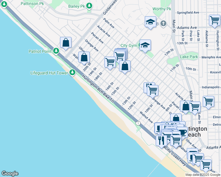 map of restaurants, bars, coffee shops, grocery stores, and more near in Huntington Beach