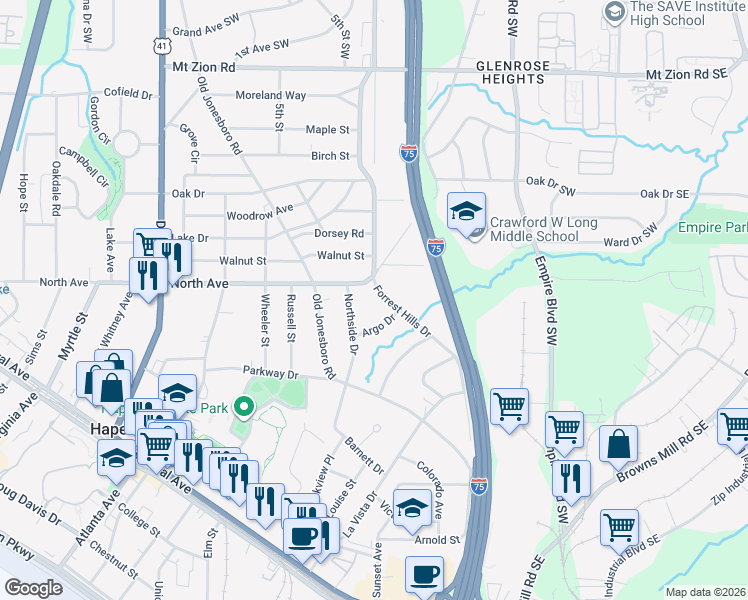 map of restaurants, bars, coffee shops, grocery stores, and more near 3301 Forrest Hills Drive in Hapeville