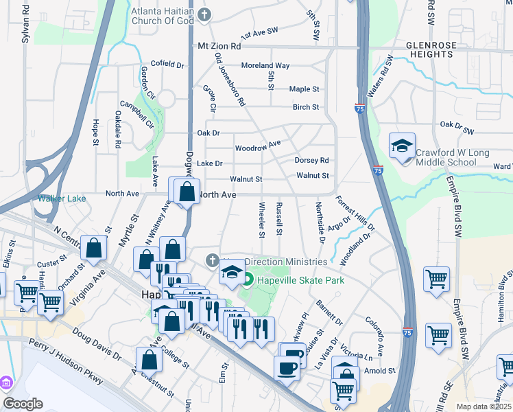 map of restaurants, bars, coffee shops, grocery stores, and more near 3277 Wheeler Street in Hapeville