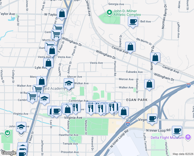 map of restaurants, bars, coffee shops, grocery stores, and more near 1478 Mercer Avenue in College Park