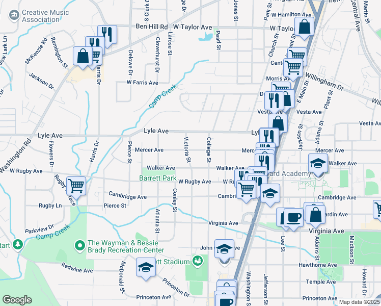 map of restaurants, bars, coffee shops, grocery stores, and more near 1948 Mercer Avenue in College Park