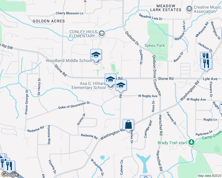 map of restaurants, bars, coffee shops, grocery stores, and more near 3353 Mount Olive Road in East Point