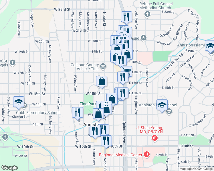 map of restaurants, bars, coffee shops, grocery stores, and more near 1525 Noble Street in Anniston