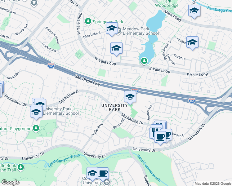 map of restaurants, bars, coffee shops, grocery stores, and more near 38 Almond Tree Lane in Irvine