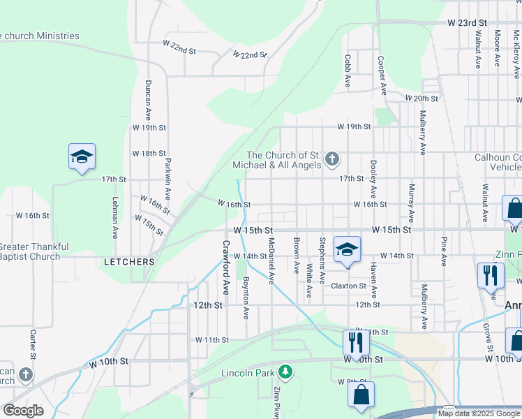 map of restaurants, bars, coffee shops, grocery stores, and more near 1312 West 16th Street in Anniston