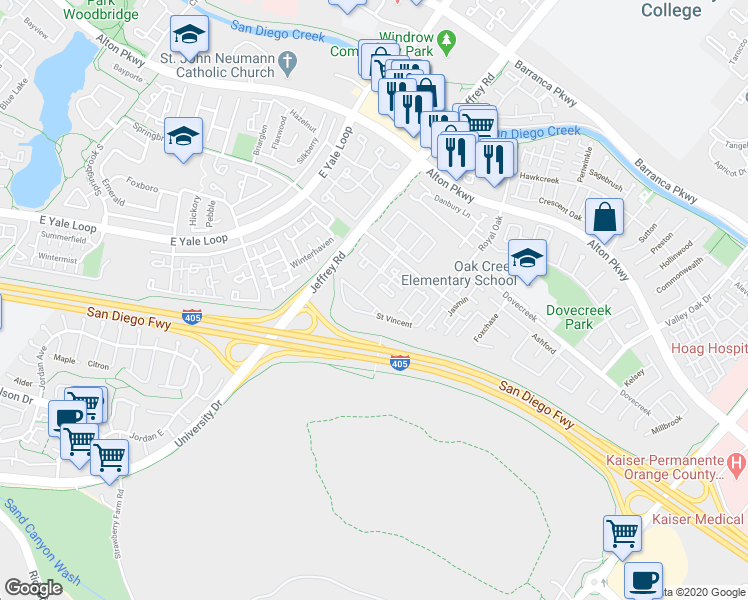 map of restaurants, bars, coffee shops, grocery stores, and more near 522 Saint Vincent in Irvine