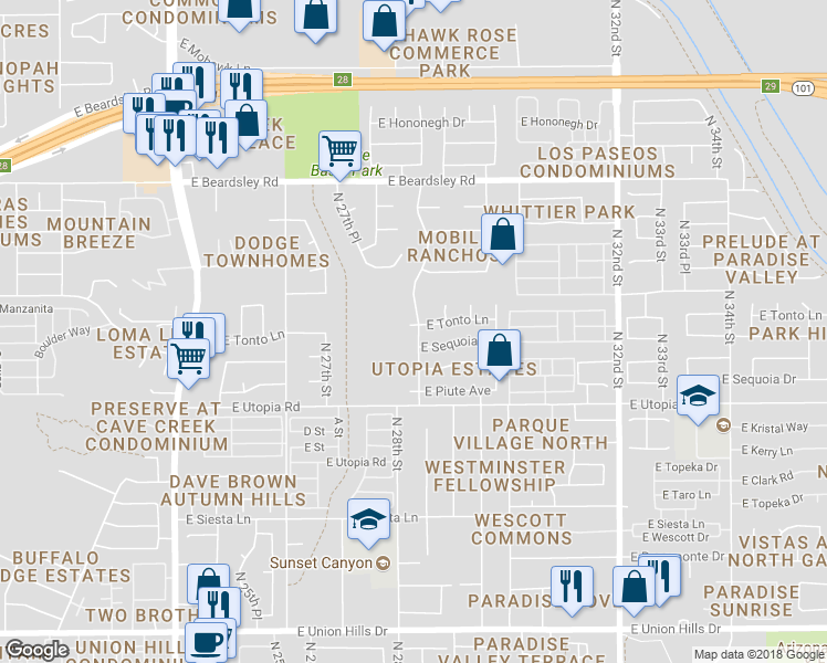 map of restaurants, bars, coffee shops, grocery stores, and more near 2857 East Tonto Lane in Phoenix