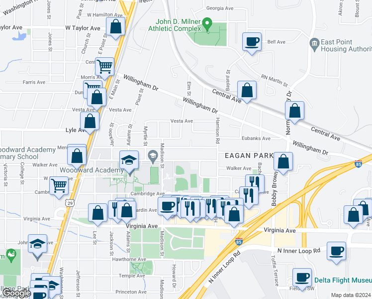 map of restaurants, bars, coffee shops, grocery stores, and more near 1472 Mercer Avenue in Atlanta