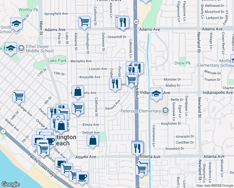 map of restaurants, bars, coffee shops, grocery stores, and more near 620 Indianapolis Avenue in Huntington Beach