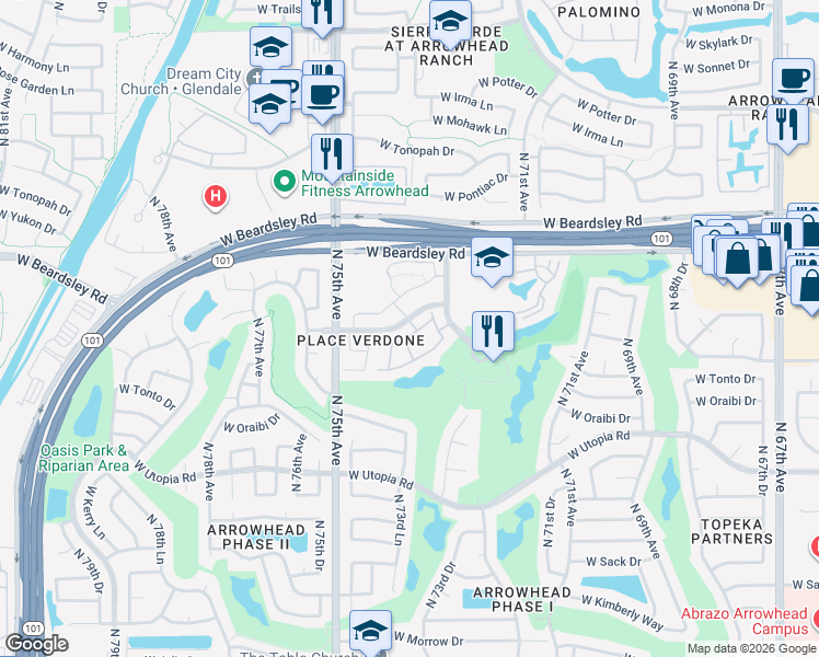 map of restaurants, bars, coffee shops, grocery stores, and more near 7401 West Arrowhead Clubhouse Drive in Glendale