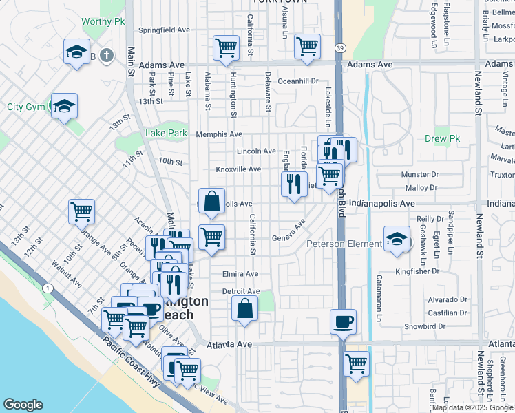 map of restaurants, bars, coffee shops, grocery stores, and more near 402 Indianapolis Avenue in Huntington Beach