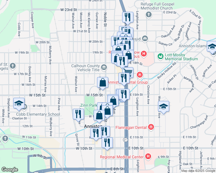 map of restaurants, bars, coffee shops, grocery stores, and more near 1527 Noble Street in Anniston