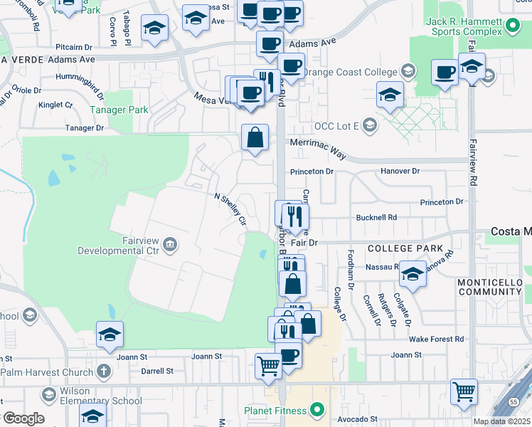 map of restaurants, bars, coffee shops, grocery stores, and more near 2547 Cornerstone Lane in Costa Mesa