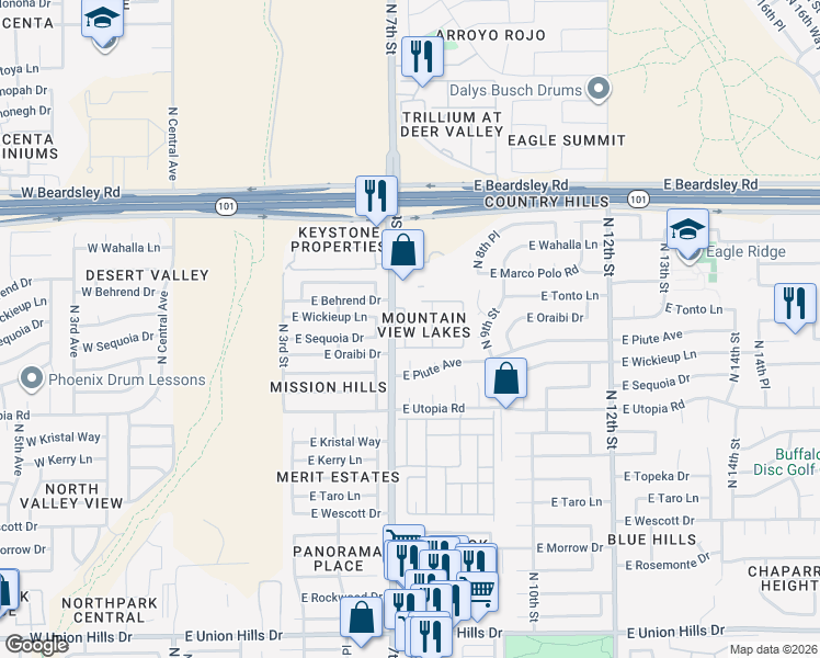 map of restaurants, bars, coffee shops, grocery stores, and more near 1029 Mountain Shadow Lake Condominium in Phoenix