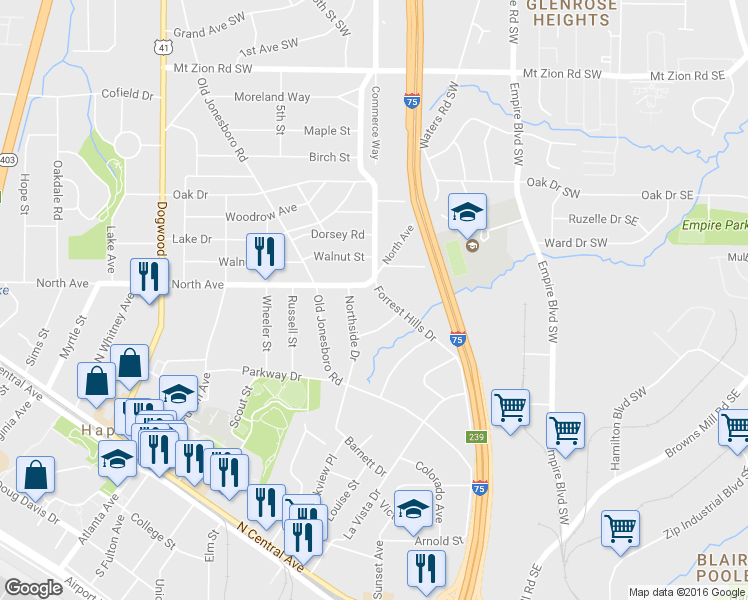 map of restaurants, bars, coffee shops, grocery stores, and more near 3301 Forrest Hills Drive in Hapeville