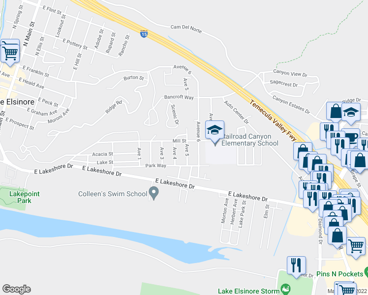 map of restaurants, bars, coffee shops, grocery stores, and more near 373 Avenue 5 in Lake Elsinore