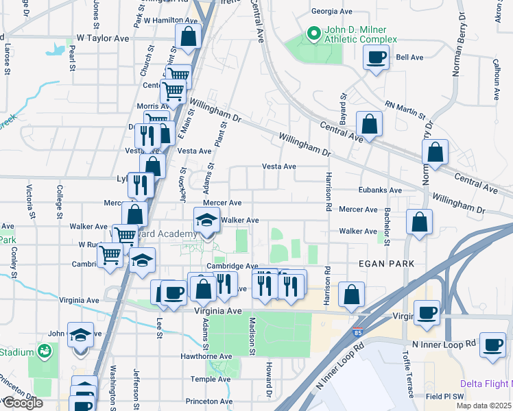map of restaurants, bars, coffee shops, grocery stores, and more near 3330 Madison Street in College Park