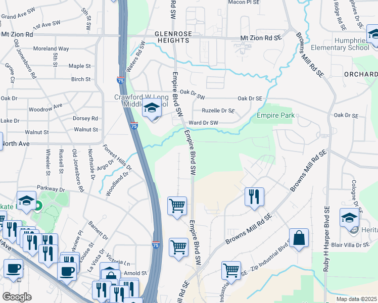 map of restaurants, bars, coffee shops, grocery stores, and more near 3311 Empire Boulevard Southwest in Atlanta