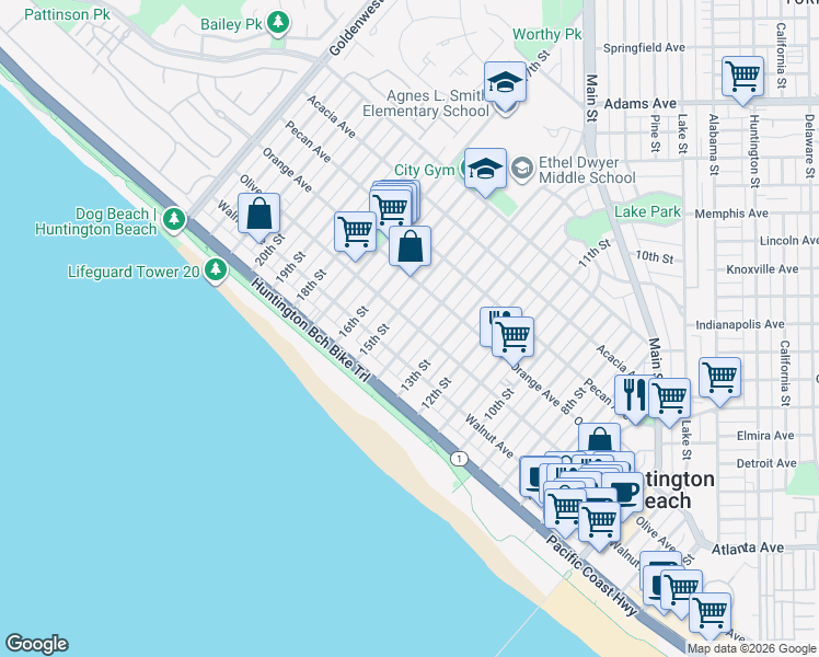 map of restaurants, bars, coffee shops, grocery stores, and more near 1315 Olive Avenue in Huntington Beach