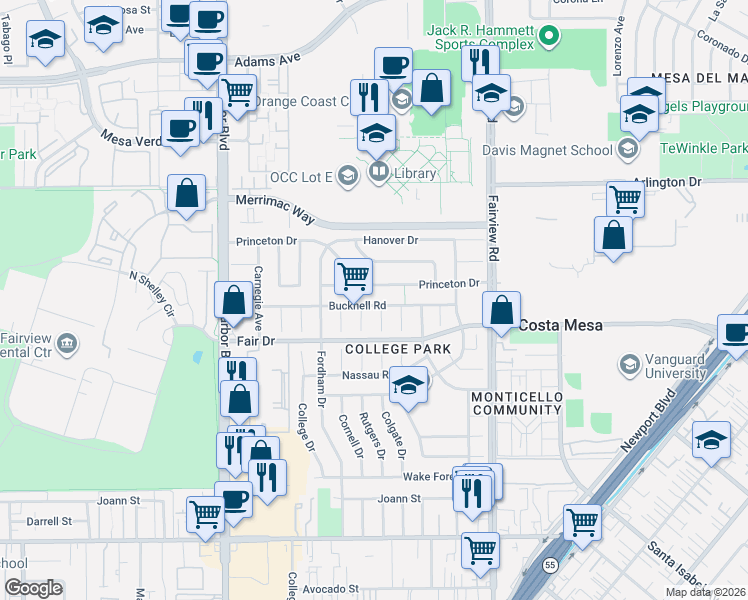 map of restaurants, bars, coffee shops, grocery stores, and more near 2528 Andover Place in Costa Mesa