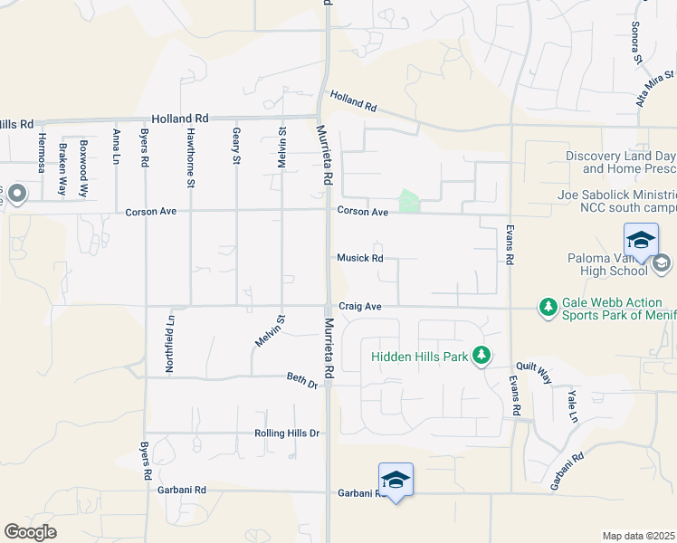 map of restaurants, bars, coffee shops, grocery stores, and more near Murrieta Road in Menifee