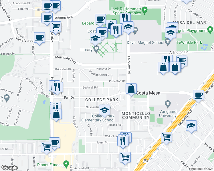 map of restaurants, bars, coffee shops, grocery stores, and more near 272 Bucknell Road in Costa Mesa