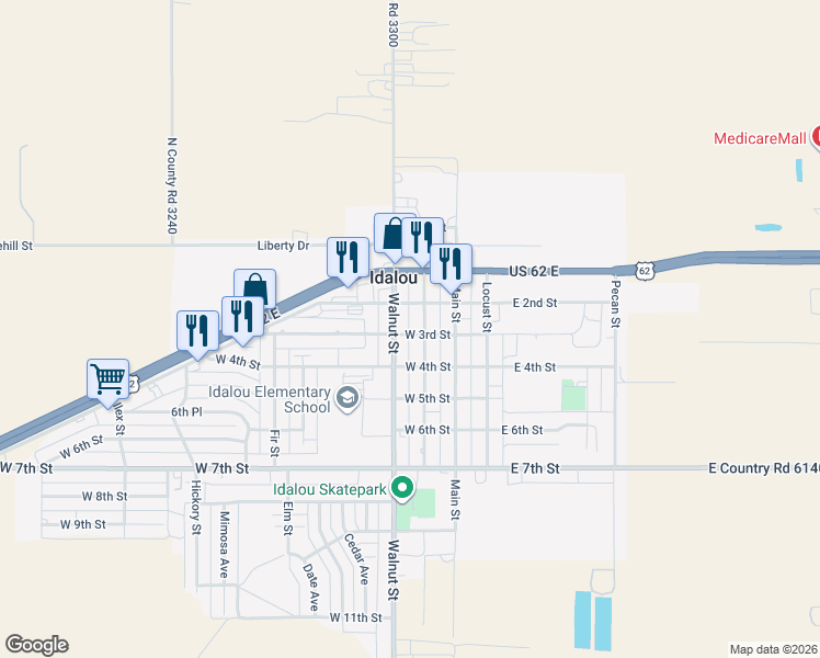 map of restaurants, bars, coffee shops, grocery stores, and more near 211-217 West 3rd Street in Idalou