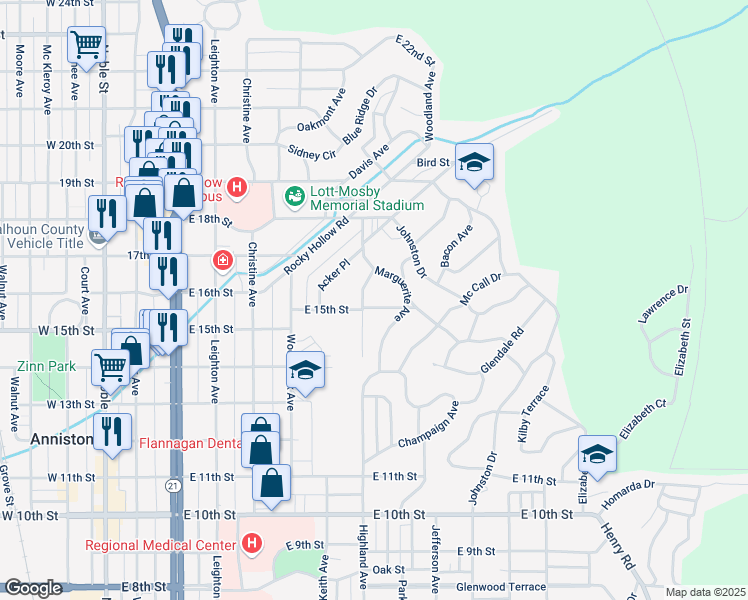 map of restaurants, bars, coffee shops, grocery stores, and more near 815 East 15th Street in Anniston