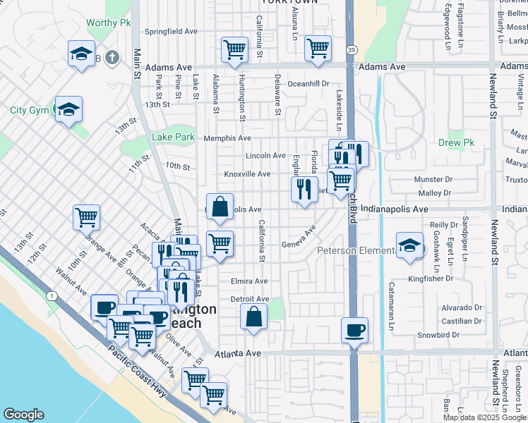 map of restaurants, bars, coffee shops, grocery stores, and more near 402 Indianapolis Avenue in Huntington Beach