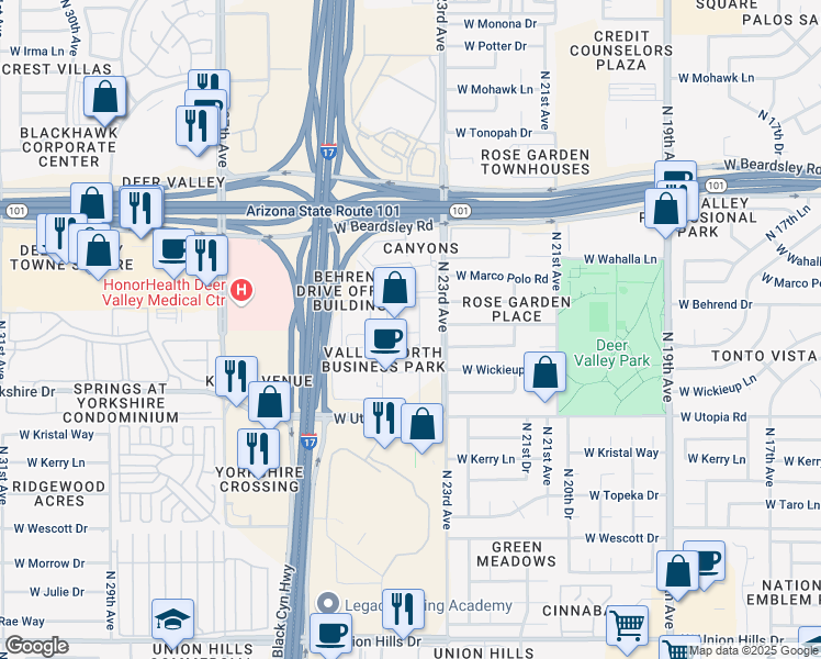 map of restaurants, bars, coffee shops, grocery stores, and more near 2323 West Behrend Drive in Phoenix