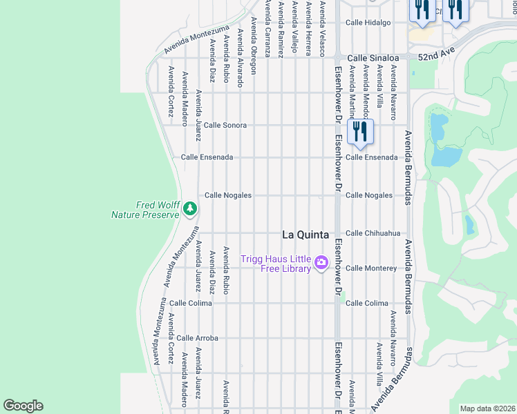 map of restaurants, bars, coffee shops, grocery stores, and more near 52790 Avenue Obregon in La Quinta