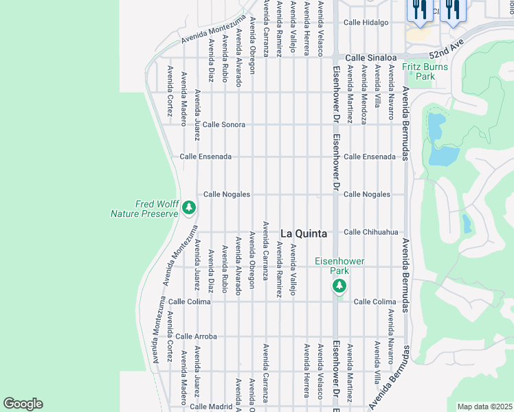 map of restaurants, bars, coffee shops, grocery stores, and more near 52790 Avenue Obregon in La Quinta