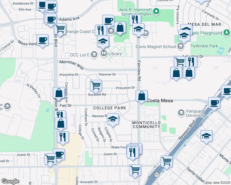 map of restaurants, bars, coffee shops, grocery stores, and more near 272 Bucknell Road in Costa Mesa