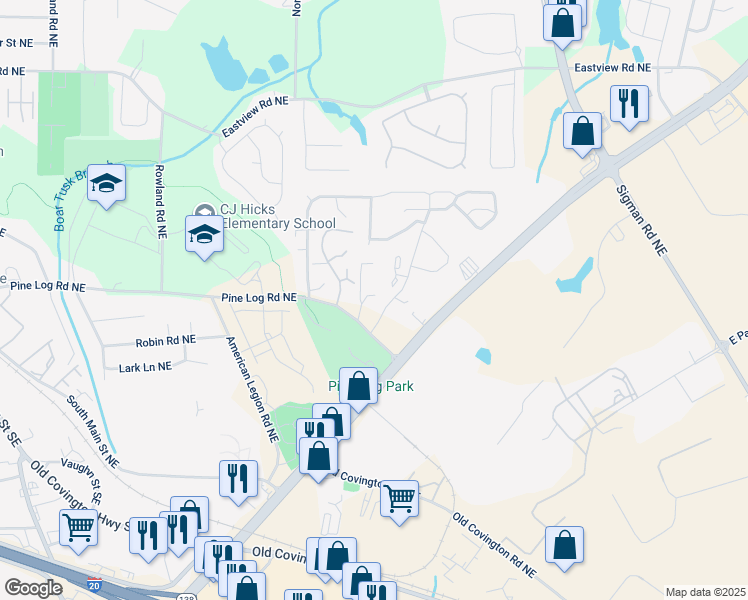 map of restaurants, bars, coffee shops, grocery stores, and more near 1520 Pine Logging Road Northeast in Conyers