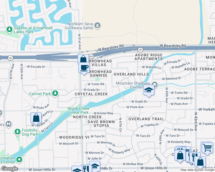 map of restaurants, bars, coffee shops, grocery stores, and more near 4904 West Oraibi Drive in Glendale