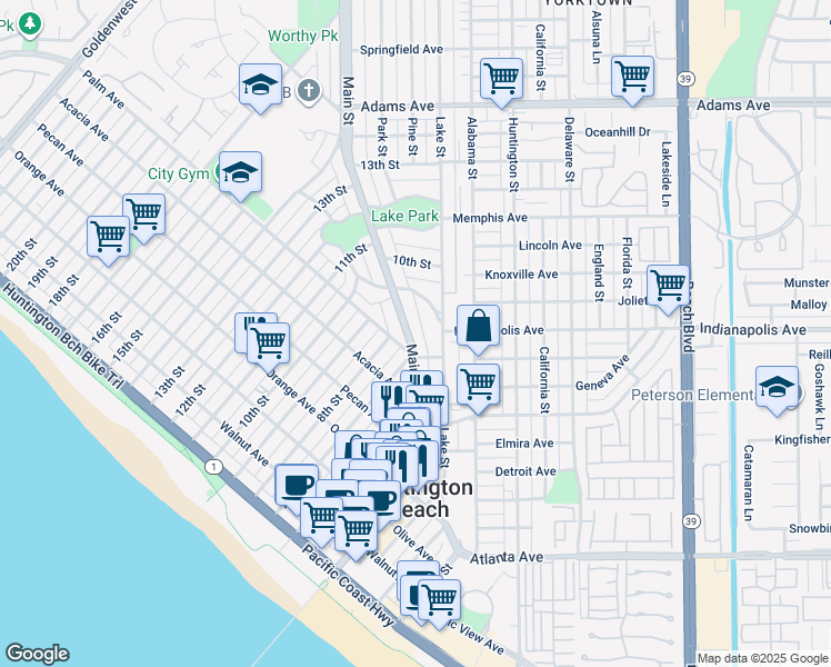map of restaurants, bars, coffee shops, grocery stores, and more near 722 Main Street in Huntington Beach