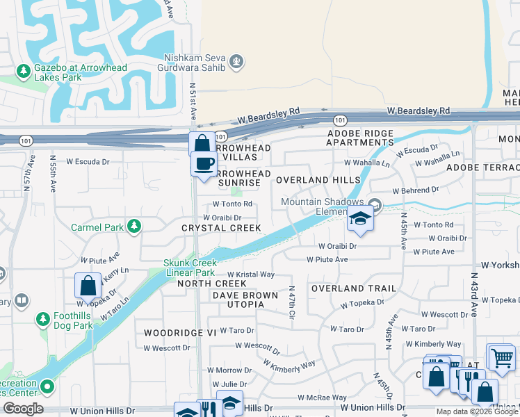 map of restaurants, bars, coffee shops, grocery stores, and more near 4904 West Oraibi Drive in Glendale