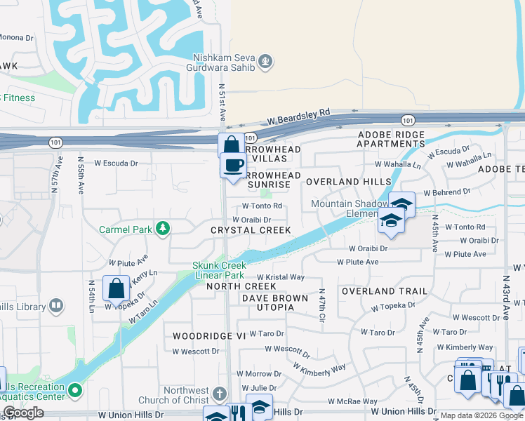 map of restaurants, bars, coffee shops, grocery stores, and more near 4938 West Oraibi Drive in Glendale