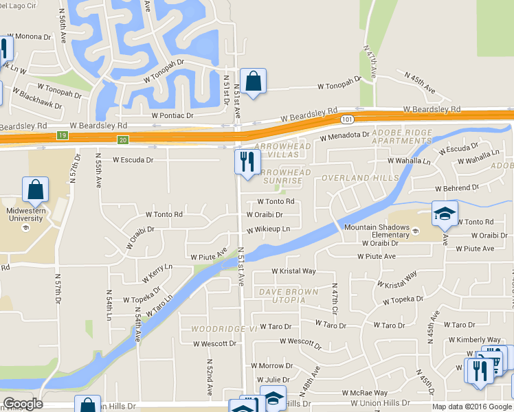 map of restaurants, bars, coffee shops, grocery stores, and more near 19636 North 50th Drive in Glendale
