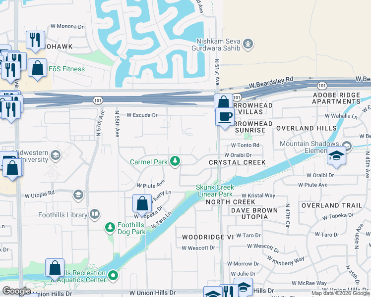 map of restaurants, bars, coffee shops, grocery stores, and more near 19715 North 52nd Avenue in Glendale