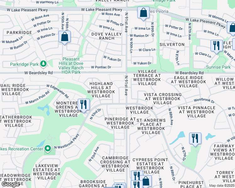 map of restaurants, bars, coffee shops, grocery stores, and more near 19818 North 92nd Avenue in Peoria