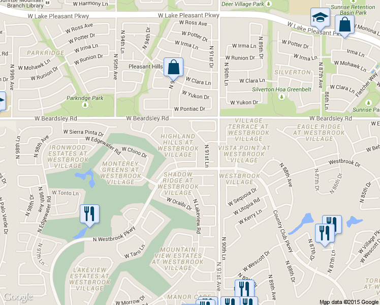 map of restaurants, bars, coffee shops, grocery stores, and more near 19818 North 92nd Avenue in Peoria