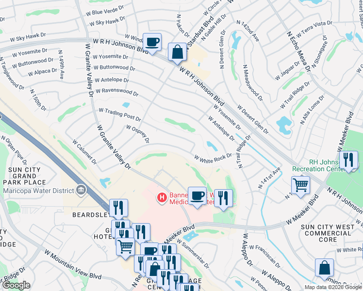 map of restaurants, bars, coffee shops, grocery stores, and more near 14408 West White Rock Drive in Sun City West